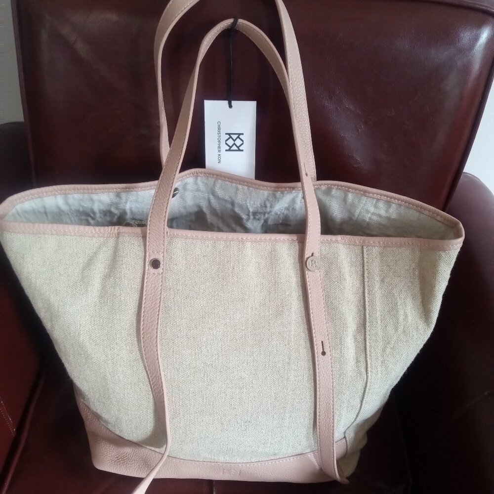 CHRISTOPHER KON large Flax Fabric & Leather shoulder bag Tote New w/Tag